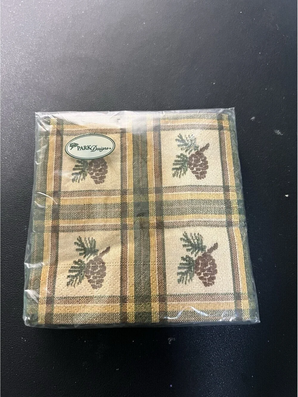 NWT Park Designs 2000s Pine Lodge Plaid Pinecone Cotton Napkins, 5”